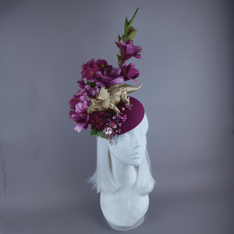 Trinny Gold Dinosaur, Pink Flowers & Beads Fascinator Hat