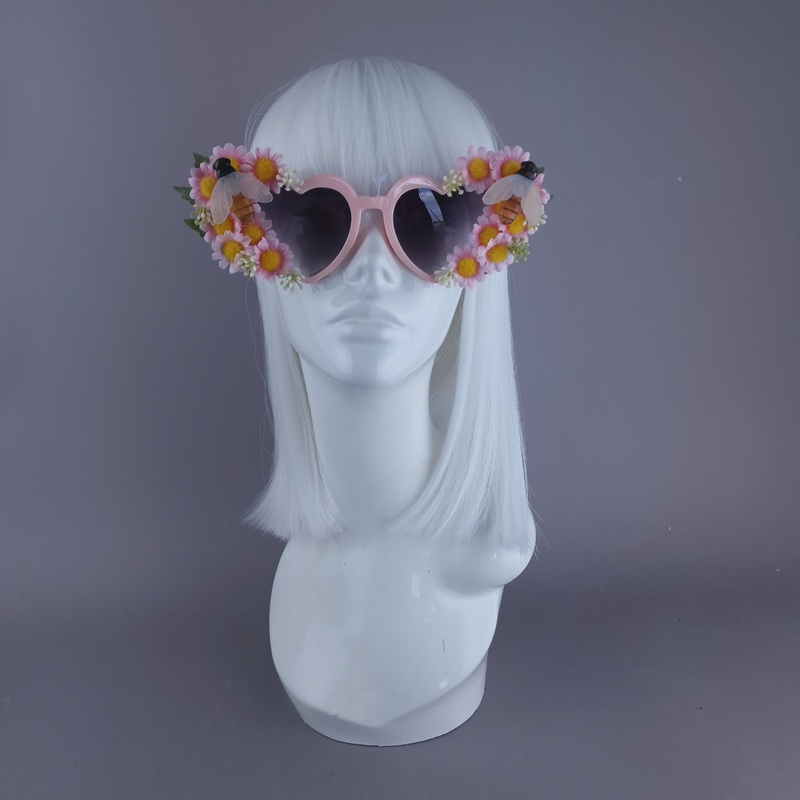 Twiggy Pink Flower & Bees Heart Shaped Sunglasses