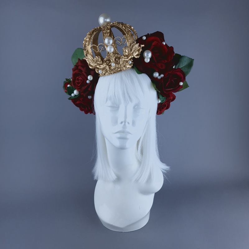 Amantes Amentes Red Rose, Pearls & Gold Crown Headdress