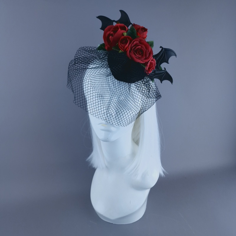 Dade Bat Wing & Red Rose Veil Headdress