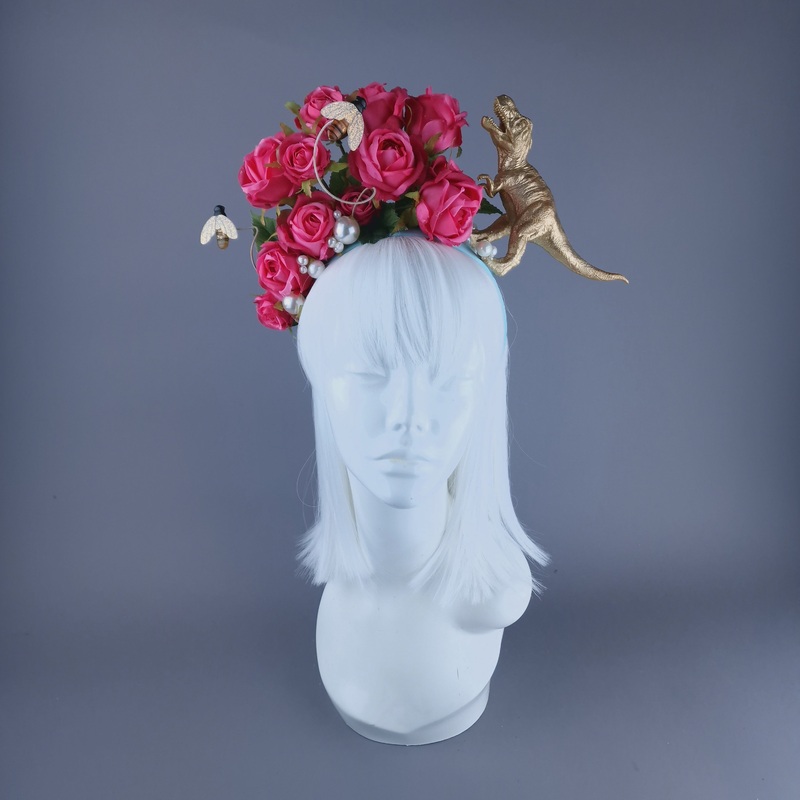 Dainty Dinosaur, Pearls & Pink Rose Headdress