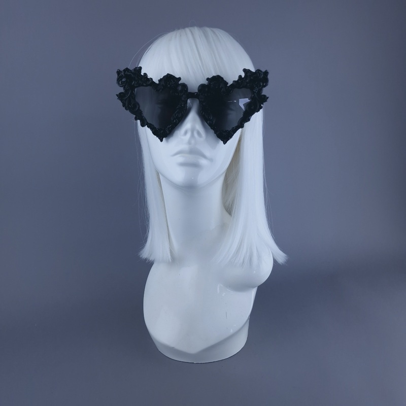 Deadly Black Filigree Skull Heart Shaped Sunglasses