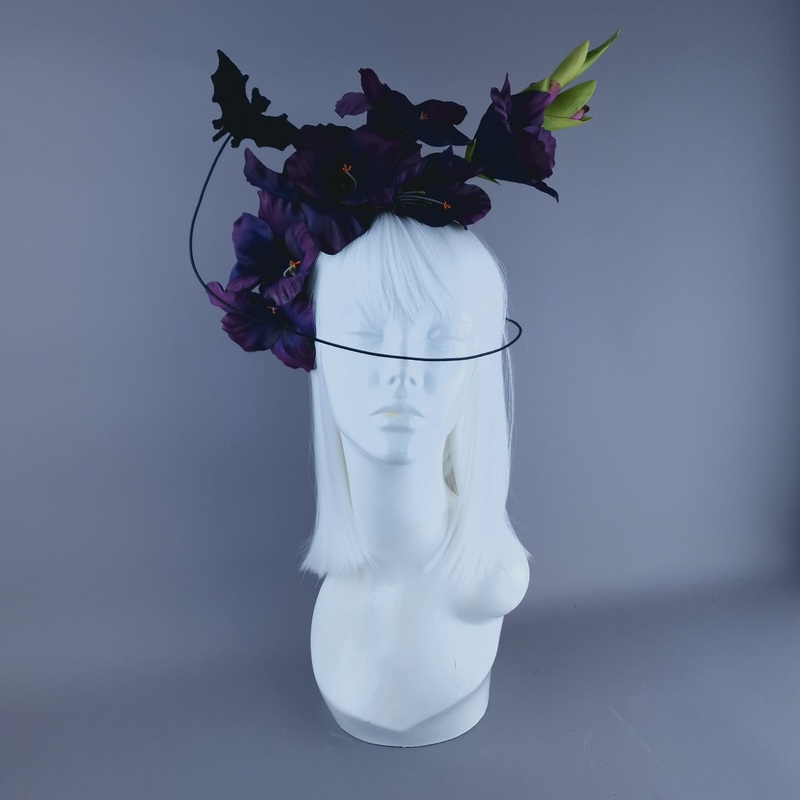 Eris Purple Gladioli Flowers and Bat Headband Headpiece
