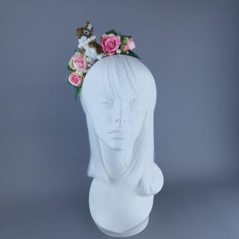 Fluffi Bunny Rabbit, Pearls & Pink Roses Headpiece