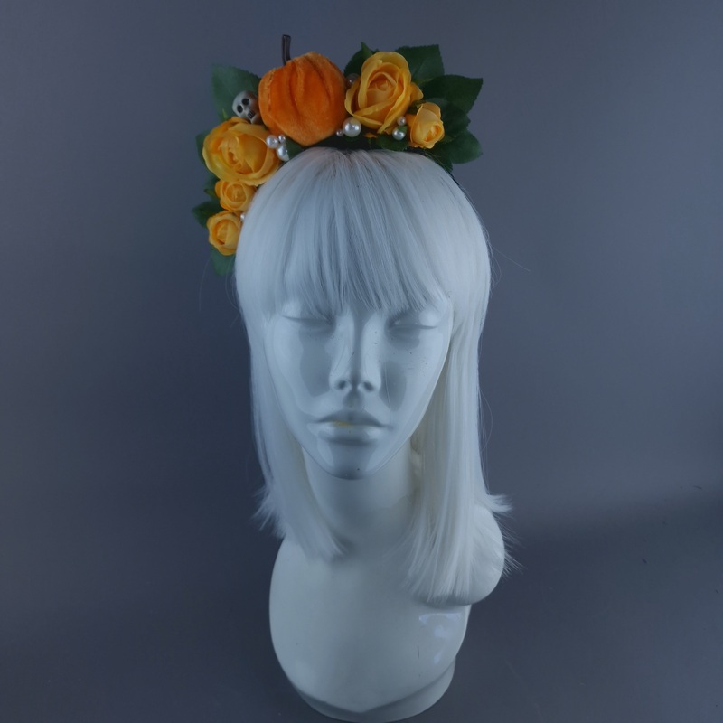 Inclementia Orange Pumpkin, Pearls, Skulls & Roses Headpiece