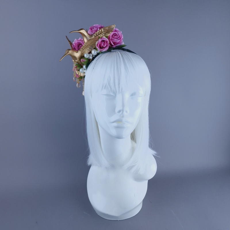 Kairos Gold Hummingbirds with Pink Roses & Pearls Headband