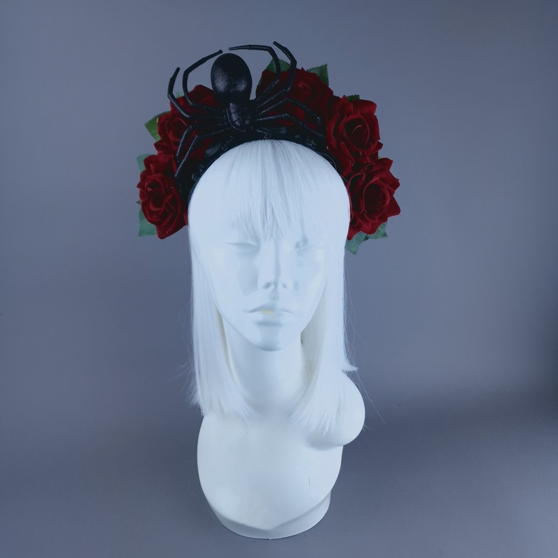 Lolth Black Glitter Spider, Filigree & Rose Headdress