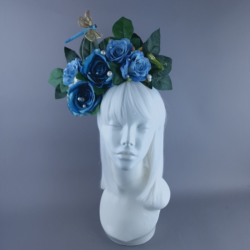 Lulani Blue Rose, Pearls & Insects Headdress