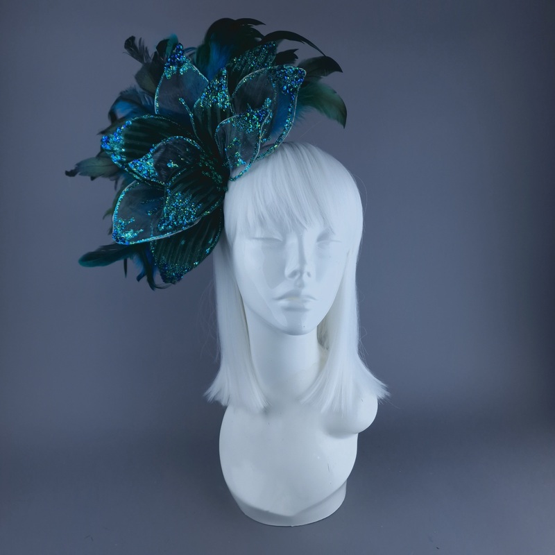 Pirus Teal Turquoise Flower Feather Headband Headpiece