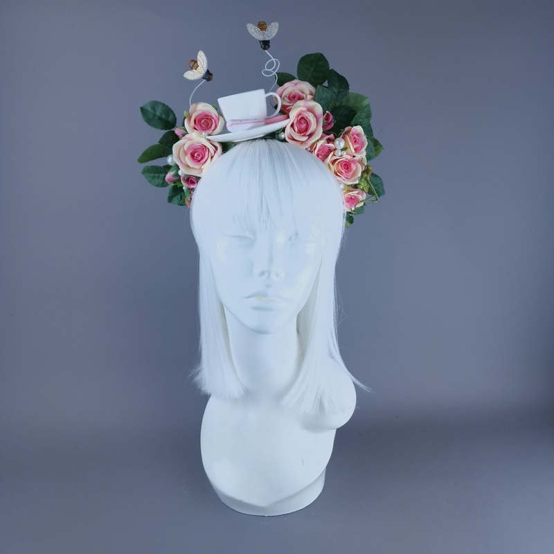 Q-tea Teacup, Bees, Pearls & Pink Rose Headdress