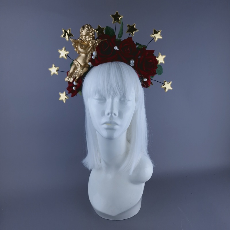 Sanctissima Red Rose, Pearls, Star Halo & Gold Cherub Headdress