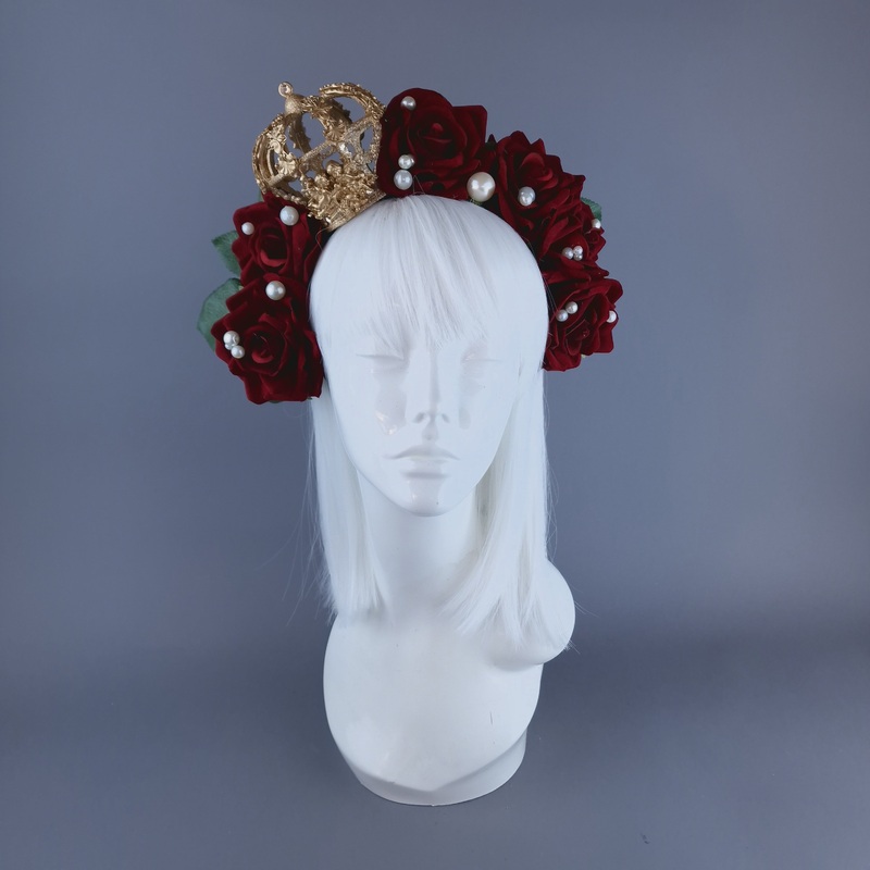 Sanguis Red Rose, Pearls & Gold Crown Headdress