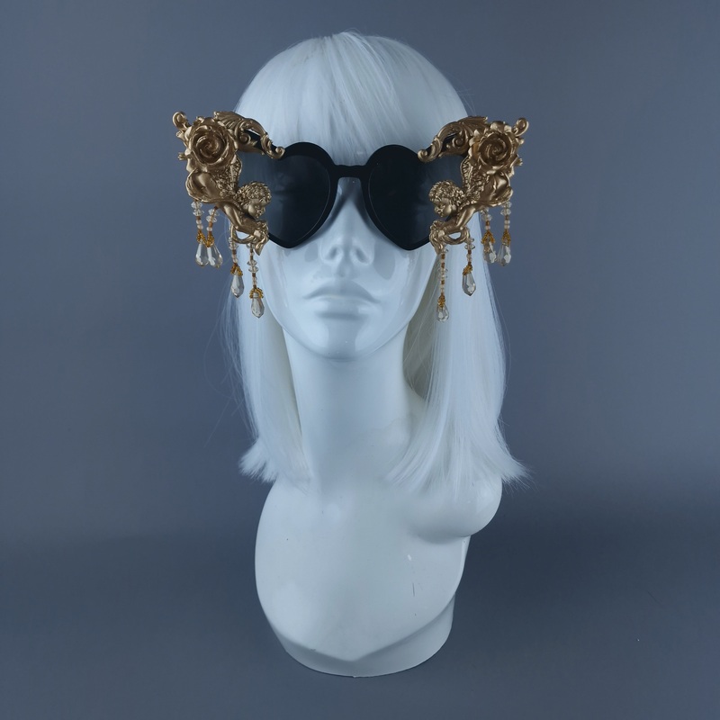 Seraphina Black & Gold Cherub, Filigree & Beading Heart Shaped Sunglasses
