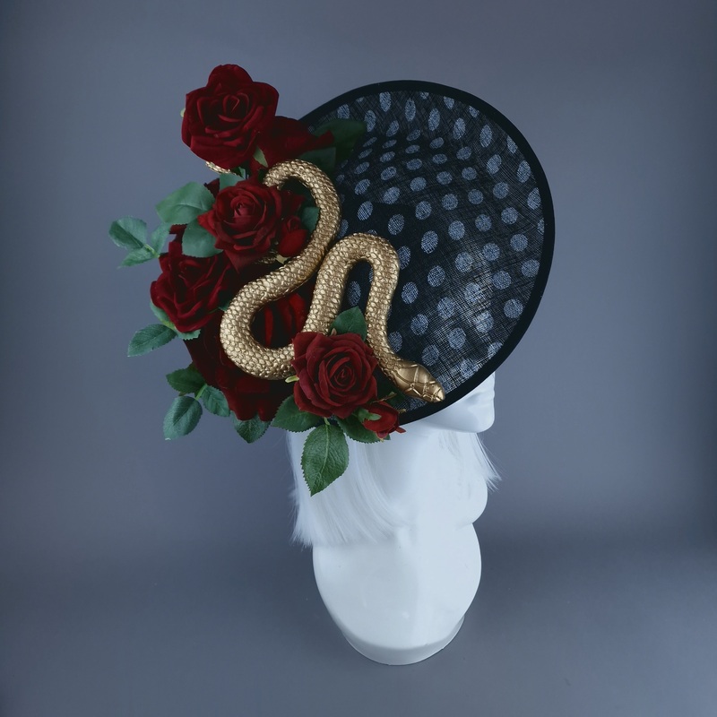 Shesha Gold Snake, Red Roses Black & White Polka Dot Fascinator Hat