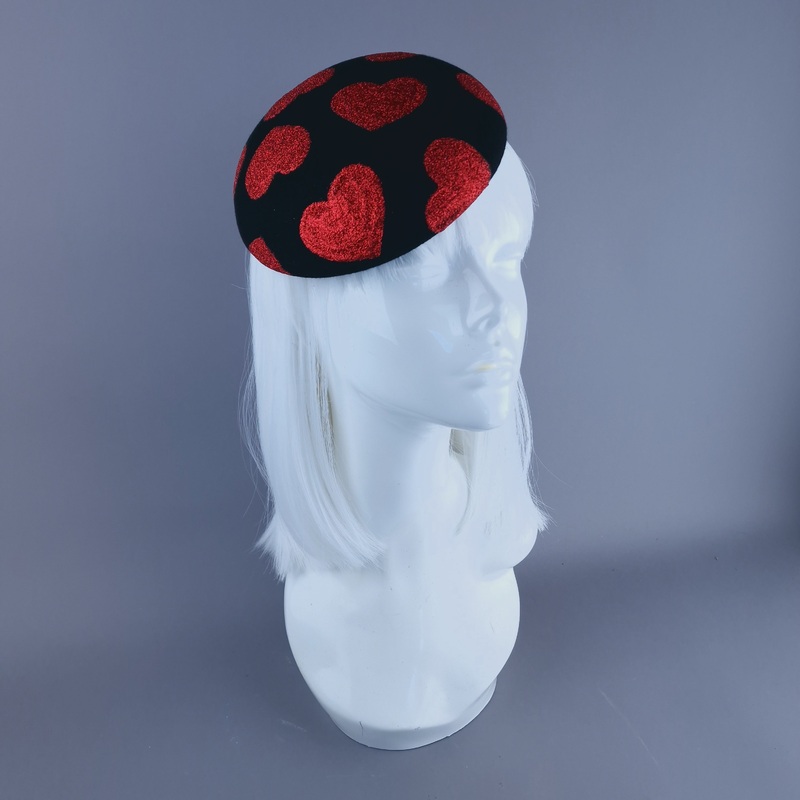 Sweet Heart Red Glitter Hearts on Black Fascinator Hat Headdress