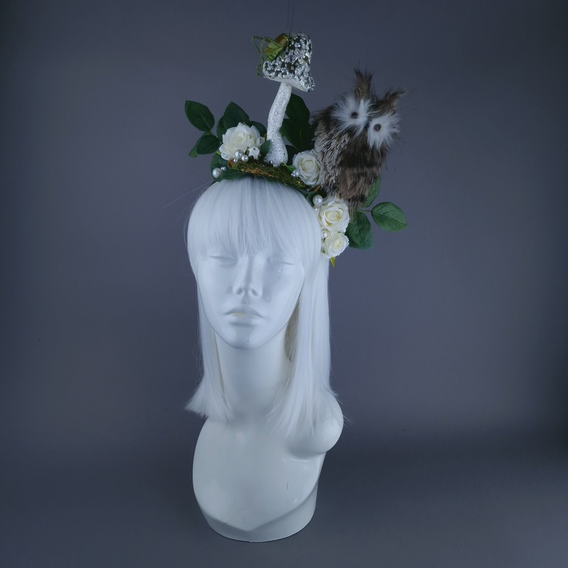 Tawny Autumn Owl, Rose, Pearl & Mushroom Headdress