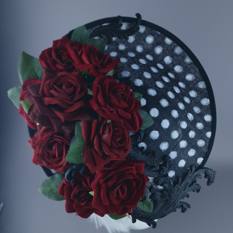 Alaric Red Roses, Filigree Black & White Polka Dot Fascinator Hat