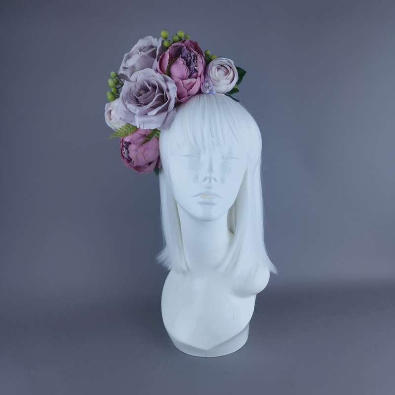 Amethyst Pink & Purple Rose & Peony Flower Headdress