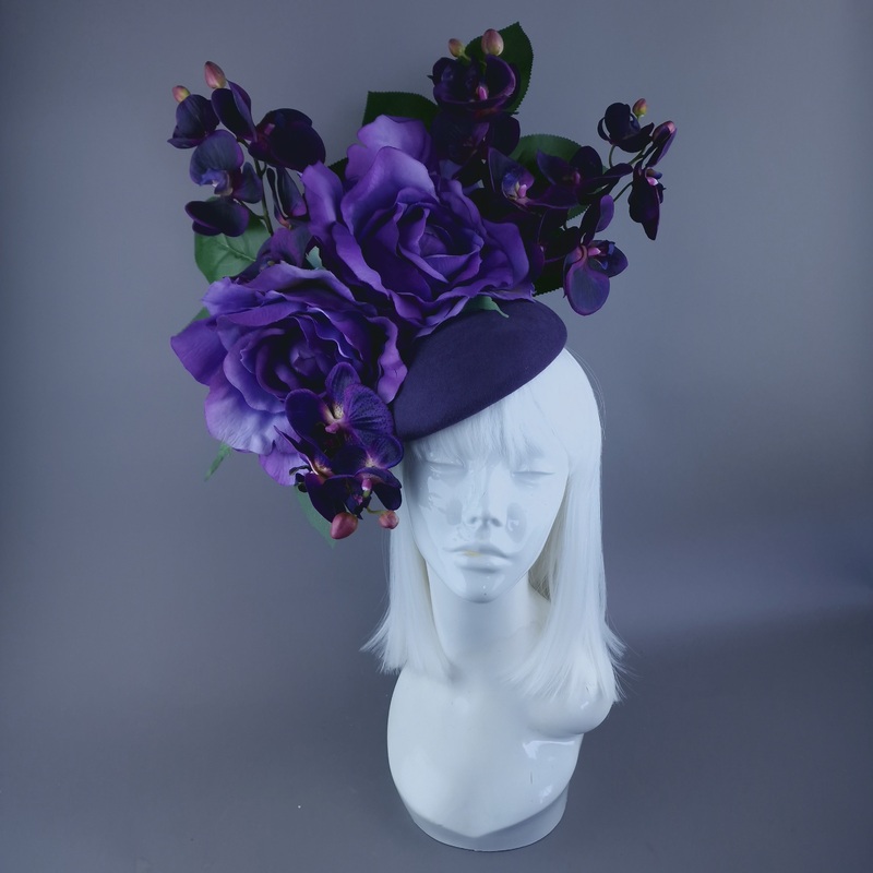 Amoret Purple Giant Rose & Orchid Fascinator Hat