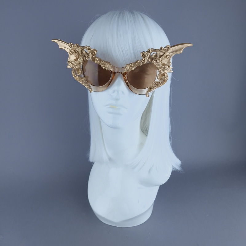 Bathory Gold Filigree Ornate Bat Wing & Cherub  Sunglasses