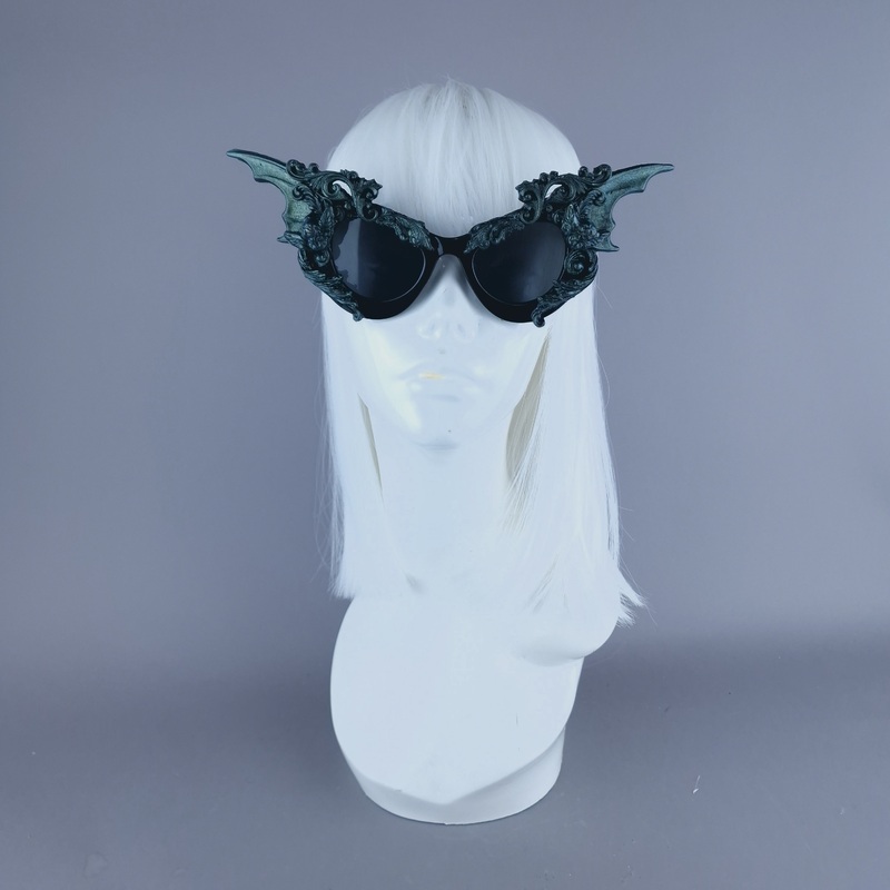 Bathory Iridescent Teal Filigree Ornate Bat Wing & Cherub Sunglasses