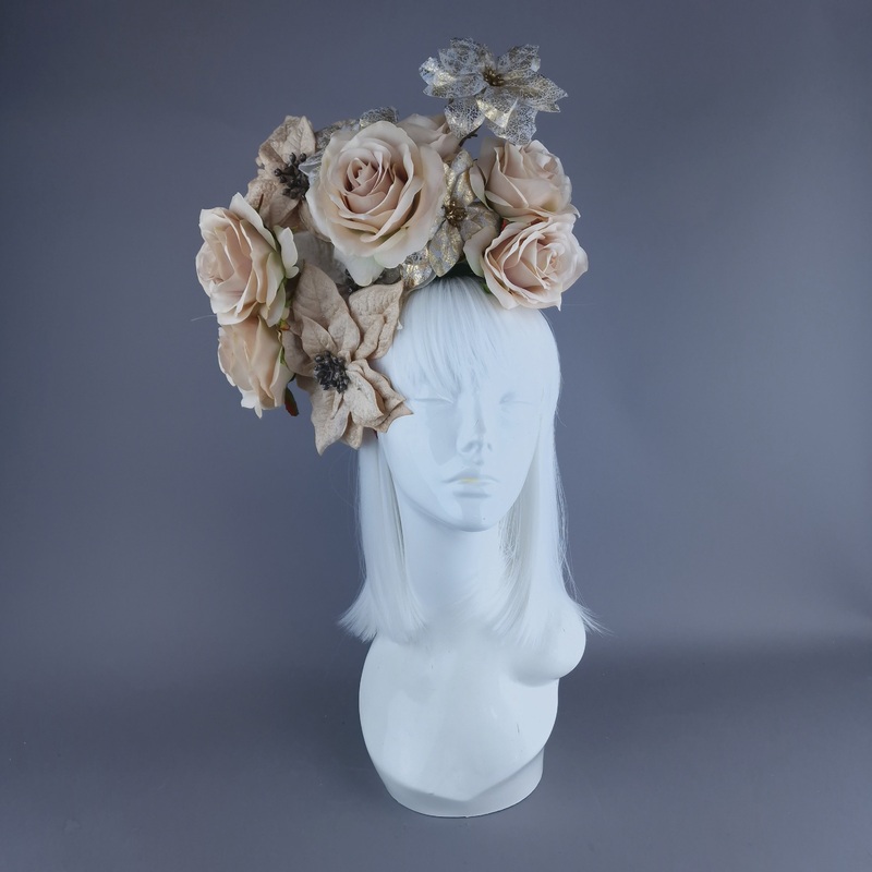 Bernia Beige & Gold Rose & Poinsettia Flower Headdress
