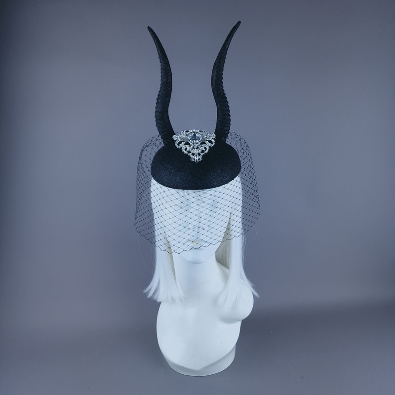 Cernunnos Black Glitter Horn & Veil Fascinator Hat