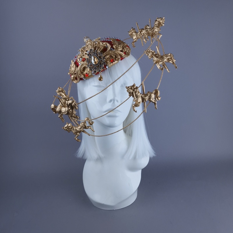 Cirque Forever Gold & Red Circus Carousel Wired Veil Hat
