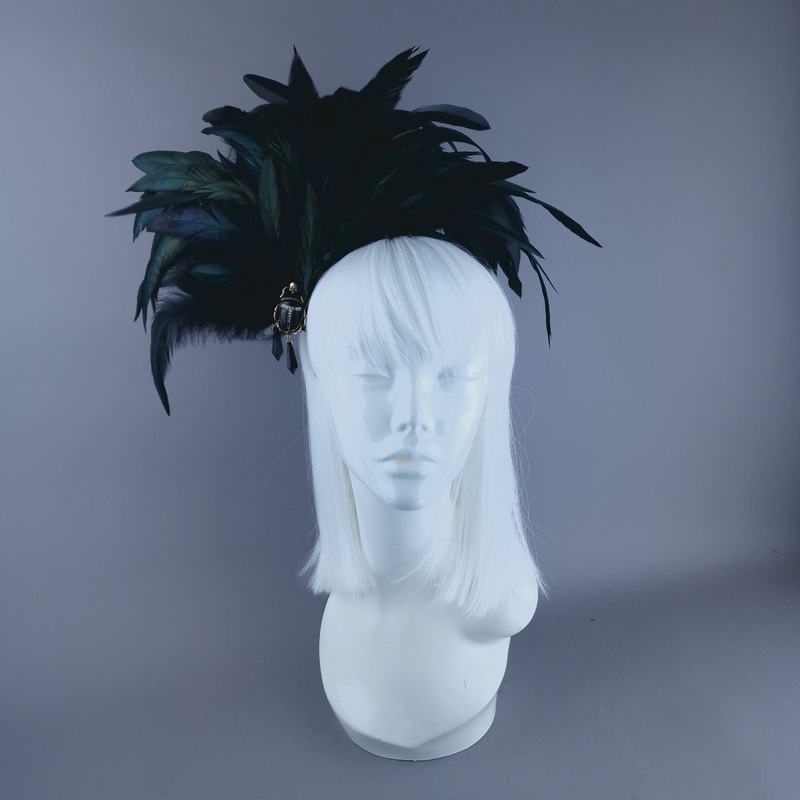Crow Black Feather Headdress with Bettle Jewel