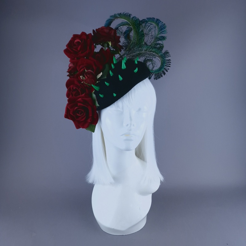 L'Air Du Temps Red Rose, Feather & Thorns Fascinator Hat