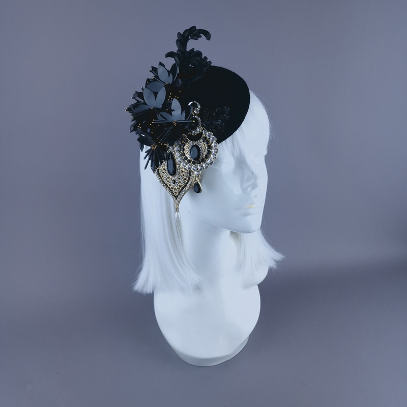 Noir Black Flower & Jewel Fascinator Hat