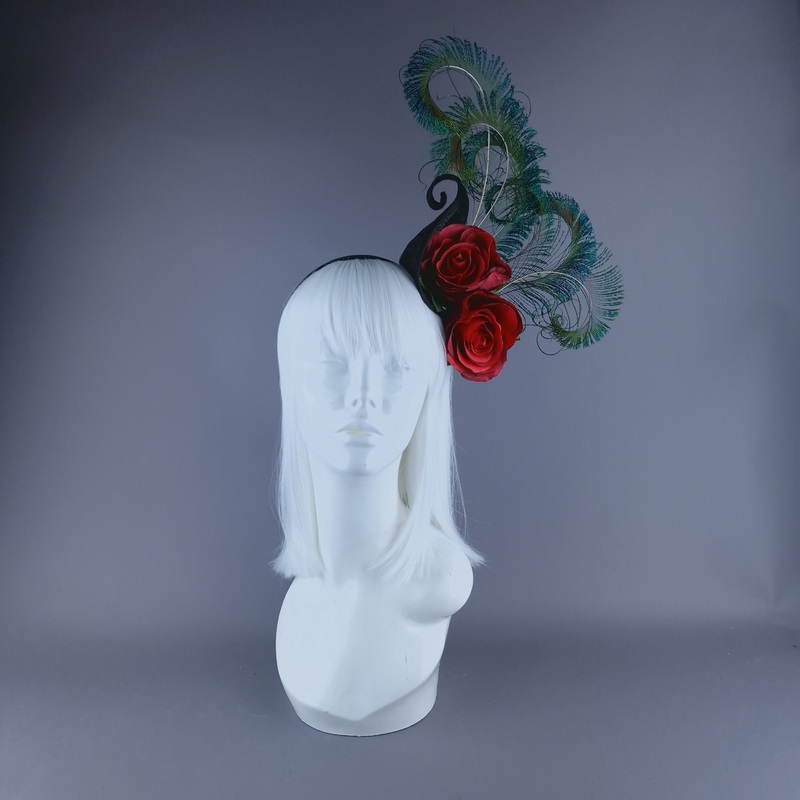 Sass Red Rose & Peacock Feather Headdress