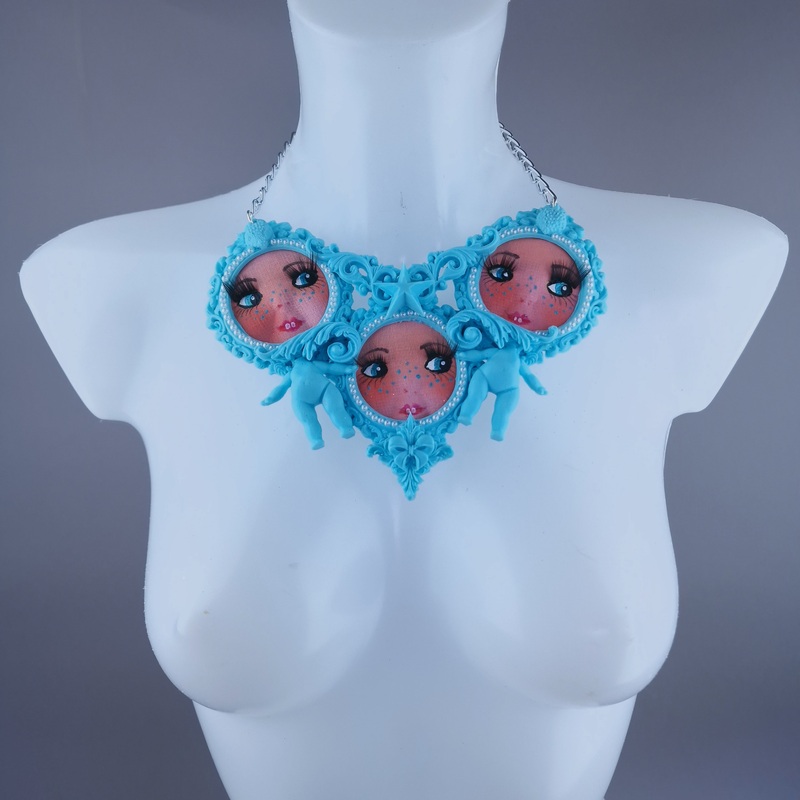 Triple Pastel Blue Dollface Filigree & Pearl Neckpiece