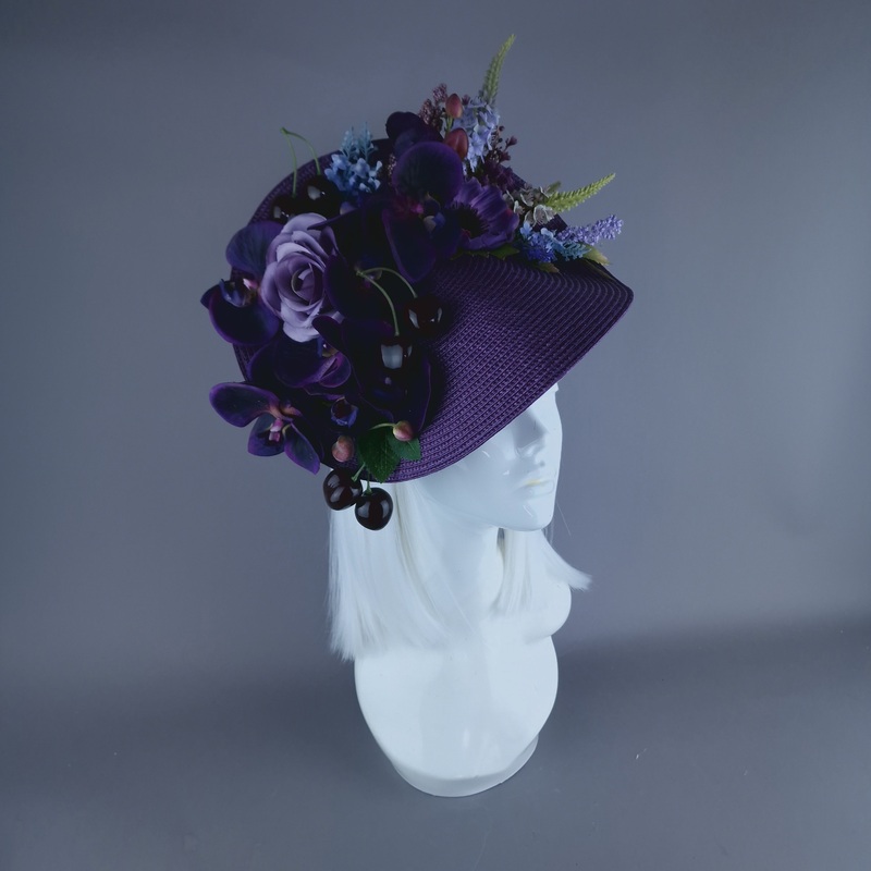 Violet Purple Orchid, Flowers & Cherry Fascinator Hat