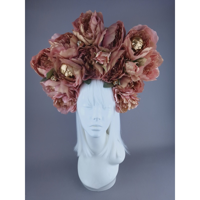 Aya Dusky Pink & Gold Peony Headdress with Skulls