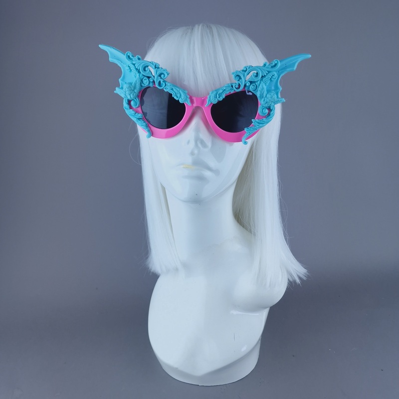 Bathory Pink & Blue Filigree Ornate Bat Wing & Cherub Sunglasses