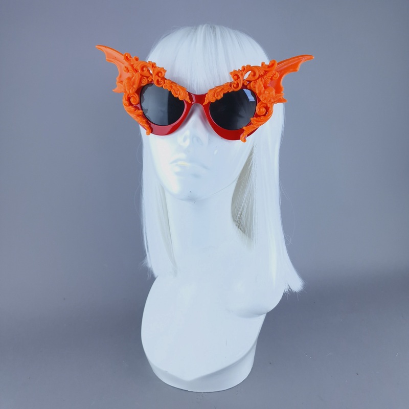 Bathory Red & Orange Filigree Ornate Bat Wing & Cherub Sunglasses