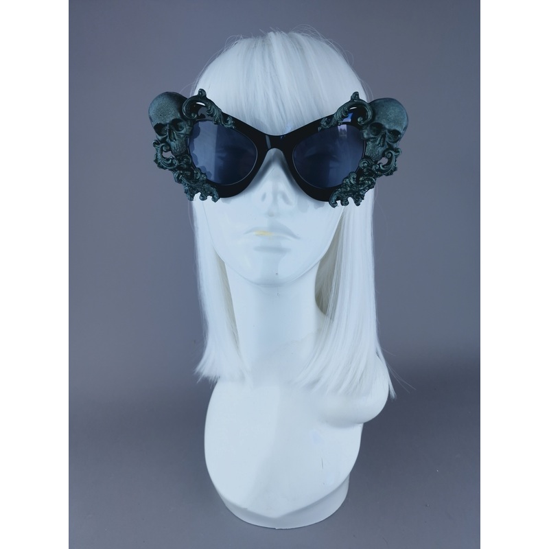 Belial Teal Filigree Ornate Skull Cateye Sunglasses