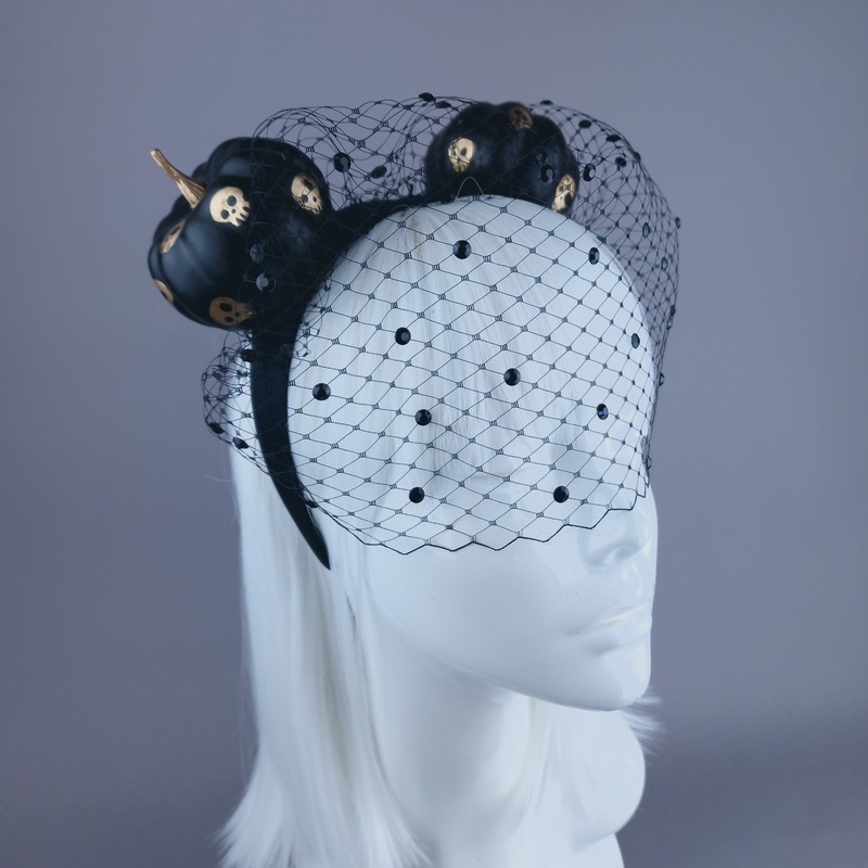 Boo Black & Gold Skull Pumpkin Ear Veil Headdress