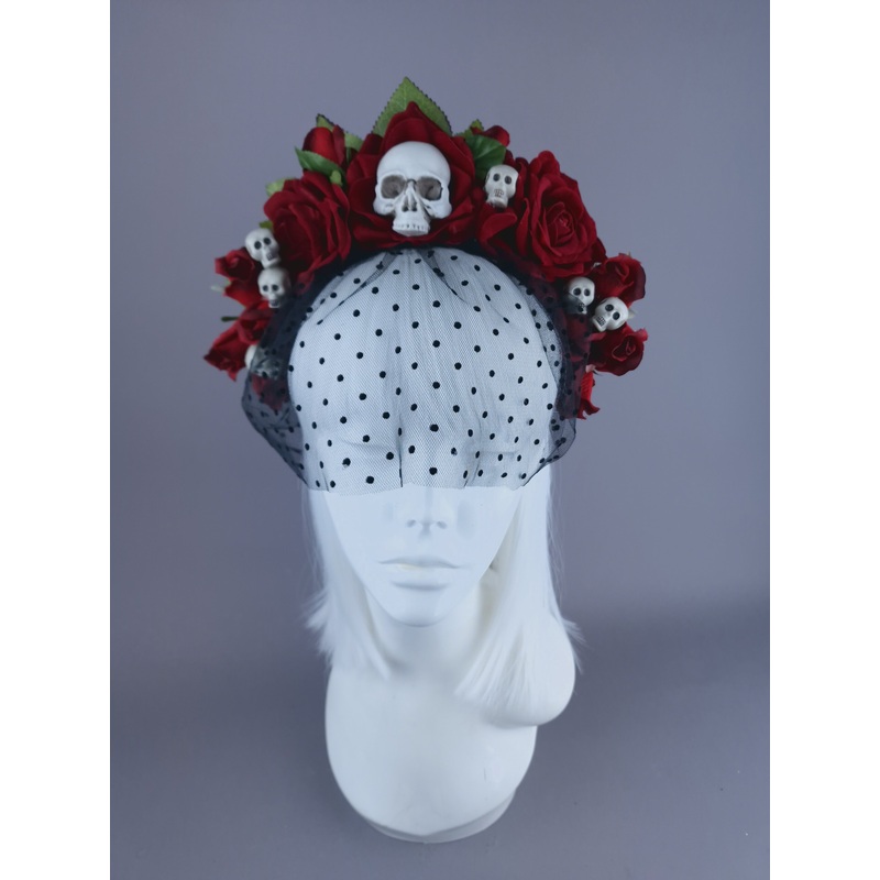 Dearly Beloved Red Rose, Skull Veil Headdress