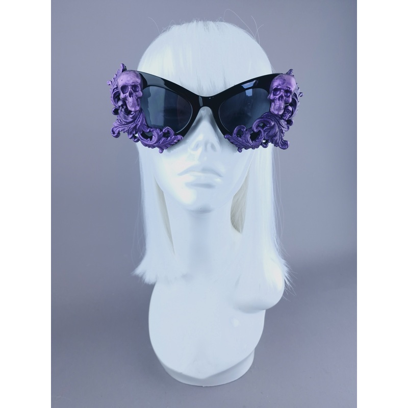 Goth AF Purple Black Filigree & Skulls Catseye Sunglasses