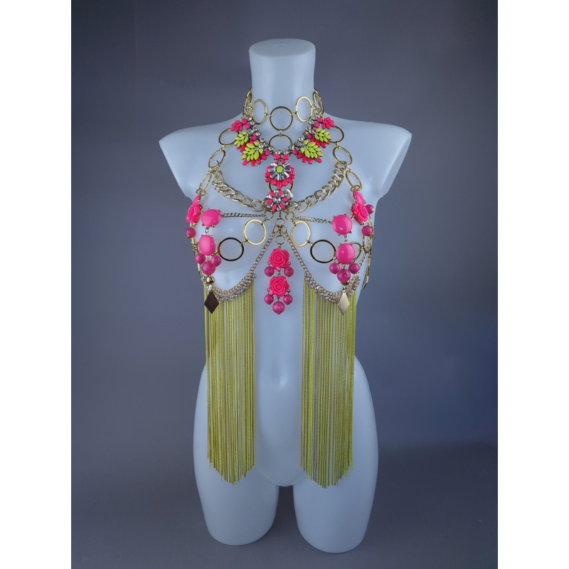Hermia Neon Yellow & Pink Jewel & Chain Harness