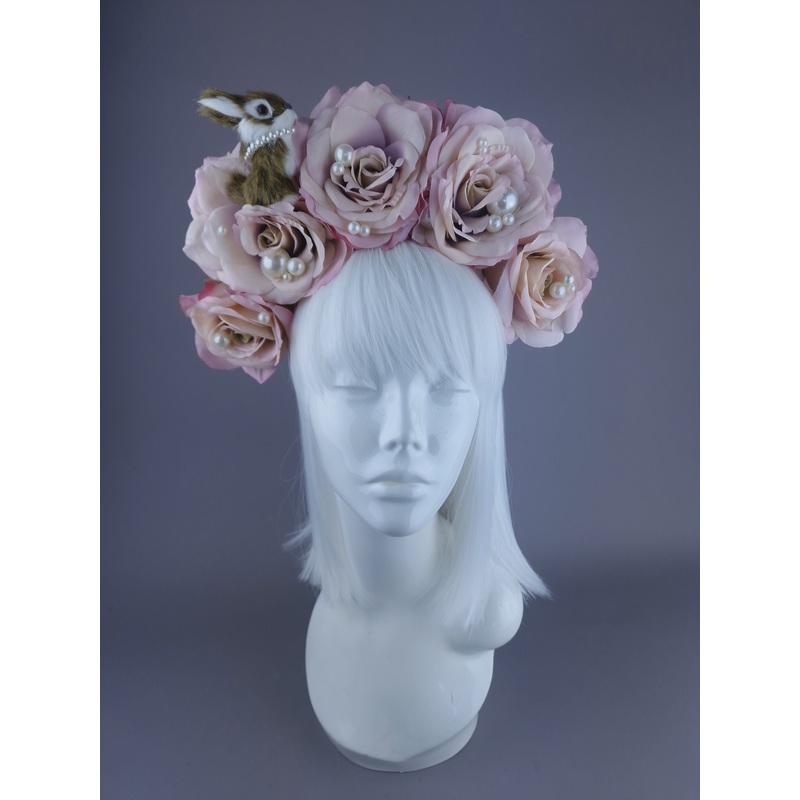 Hoppit Bunny Rabbit, Pearls & Pink Roses Headpiece