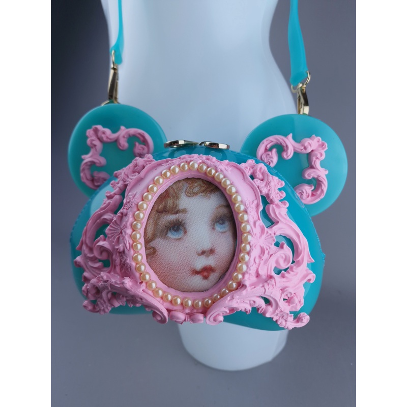 Sweetpie Teal Blue & Pink Filigree Teddy Shaped Handbag