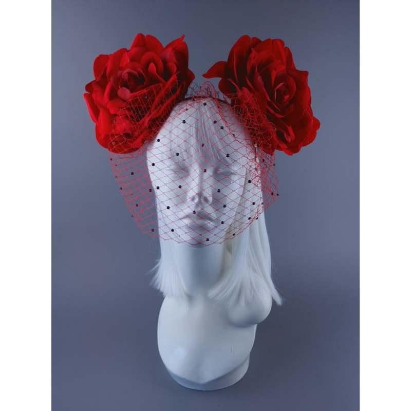 Amias Giant Red Rose Crystal Veil Headdress