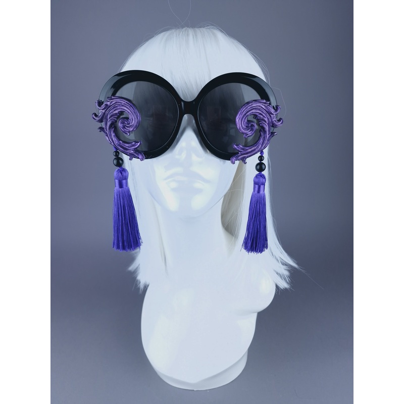 Aradia Black & Purple Filigree Tassel Oversized Round Sunglasses