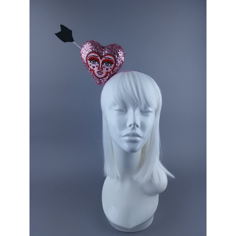 Crush Pink Glitter Heart with Embroidery Face Headdress