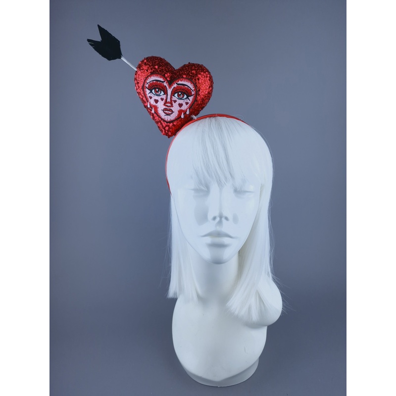Crush Red Glitter Heart with Embroidery Face Headdress