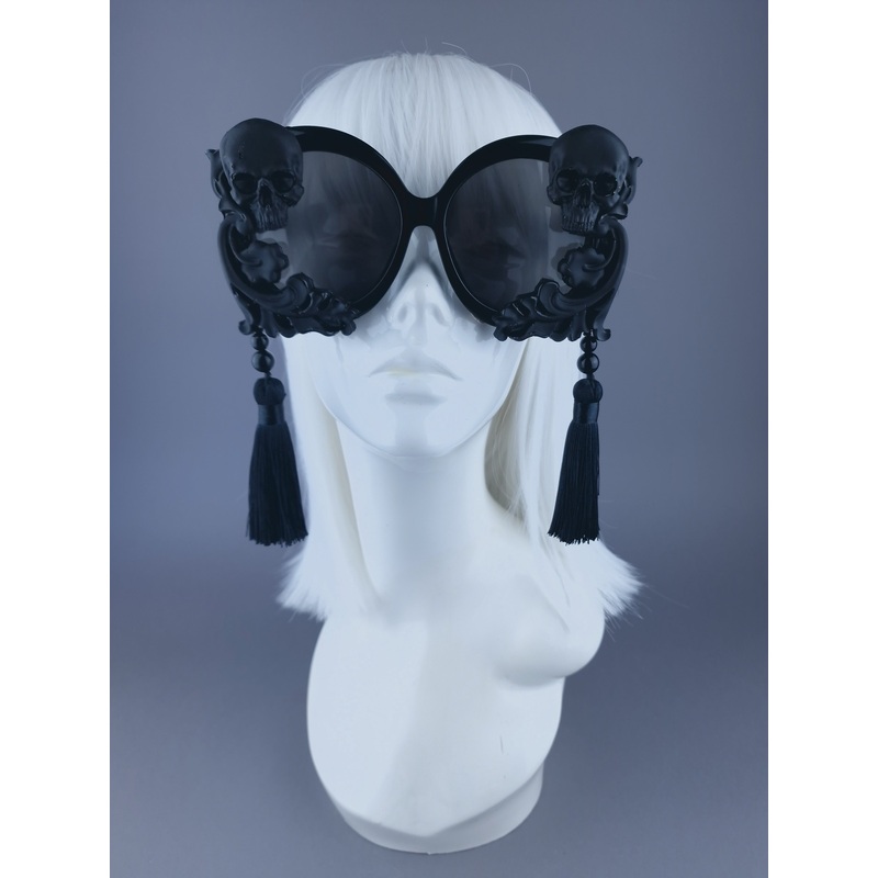 Dade Black Skull Filigree Tassel Oversized Round Sunglasses