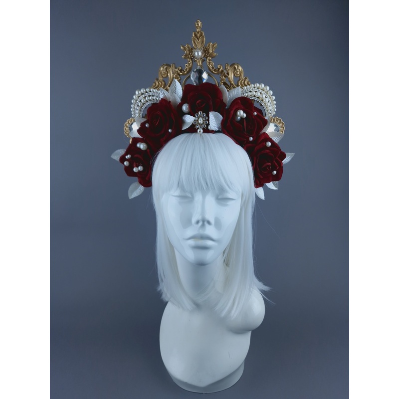 Doryu Red Rose, Pearls & Gold Filigree Halo Headdress